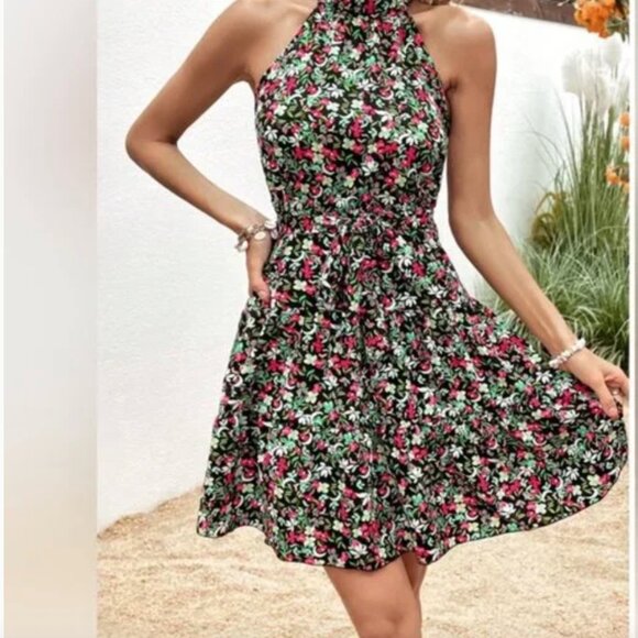 Mira Floral Print Belted Halter Dress - Picture 2 of 7